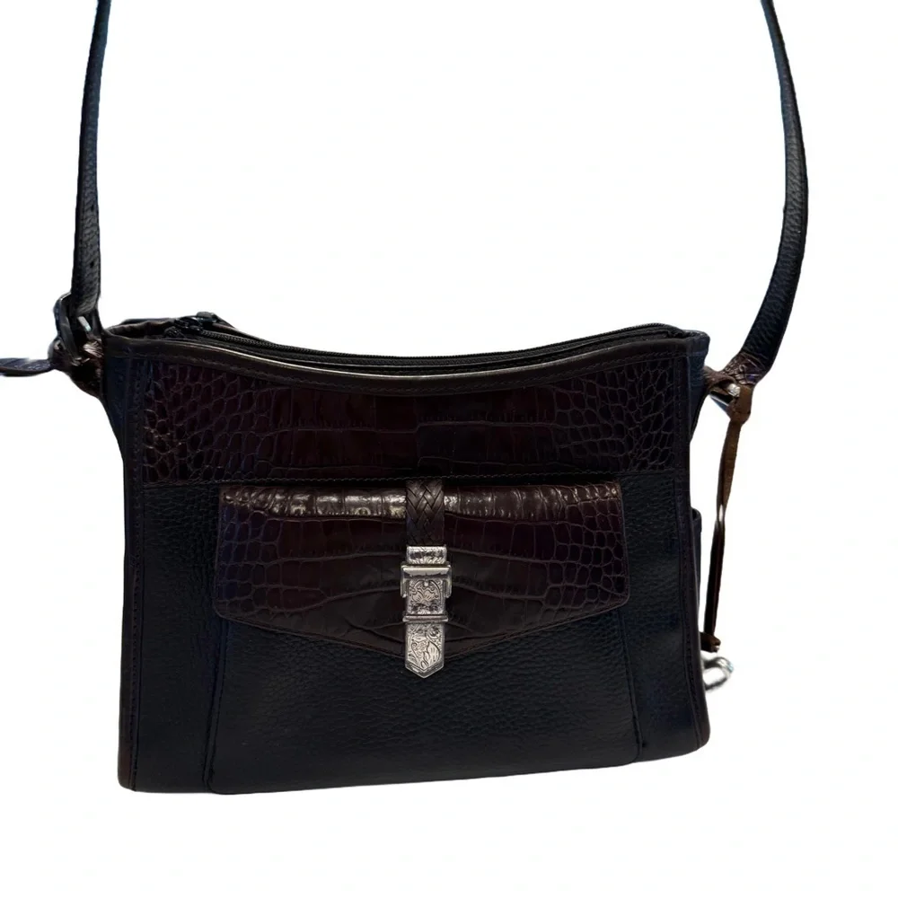 BRIGHTON Womens Black & Brown LEATHER SHOULDER BAG W/card Holder Croc Embossed